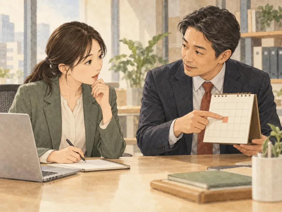 Two colleagues clarify a date with a desk calendar.